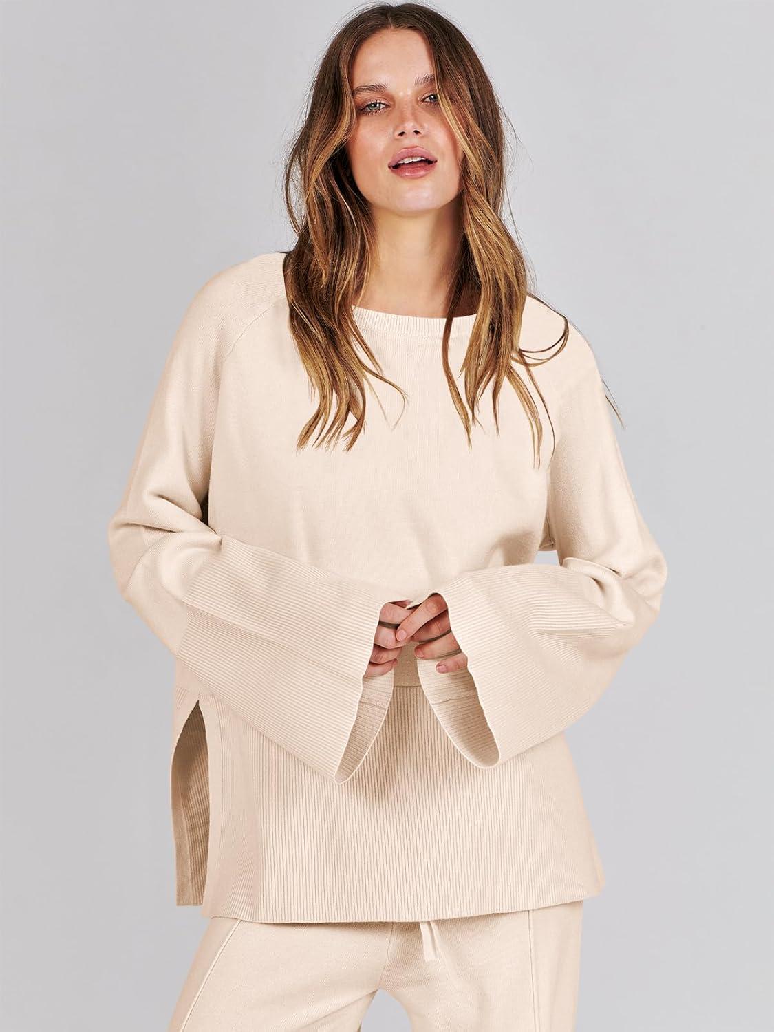 imageANRABESS Womens 2 Piece Outfits Oversized Knit Sweater Set Wide Leg Pant Cozy Lounge Matching Pajama Sets 2025 Trendy ClothesApricot