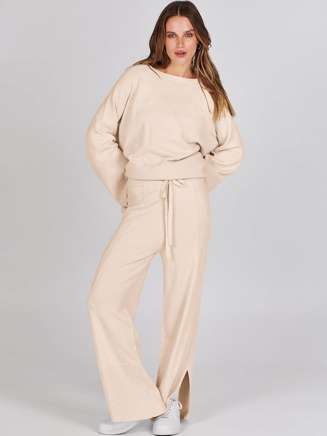 imageANRABESS Womens 2 Piece Outfits Oversized Knit Sweater Set Wide Leg Pant Cozy Lounge Matching Pajama Sets 2025 Trendy ClothesApricot