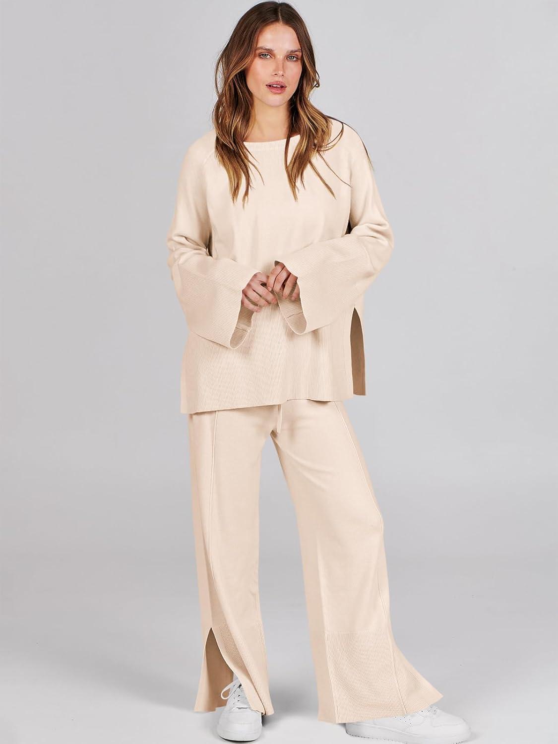 imageANRABESS Womens 2 Piece Outfits Oversized Knit Sweater Set Wide Leg Pant Cozy Lounge Matching Pajama Sets 2025 Trendy ClothesApricot