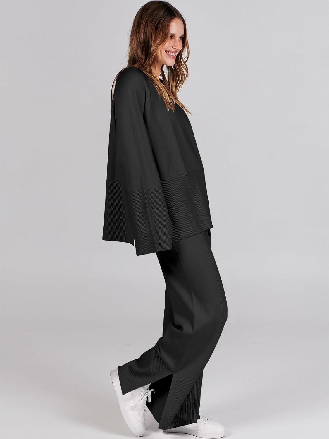 imageANRABESS Womens 2 Piece Outfits Oversized Knit Sweater Set Wide Leg Pant Cozy Lounge Matching Pajama Sets 2025 Trendy ClothesBlack