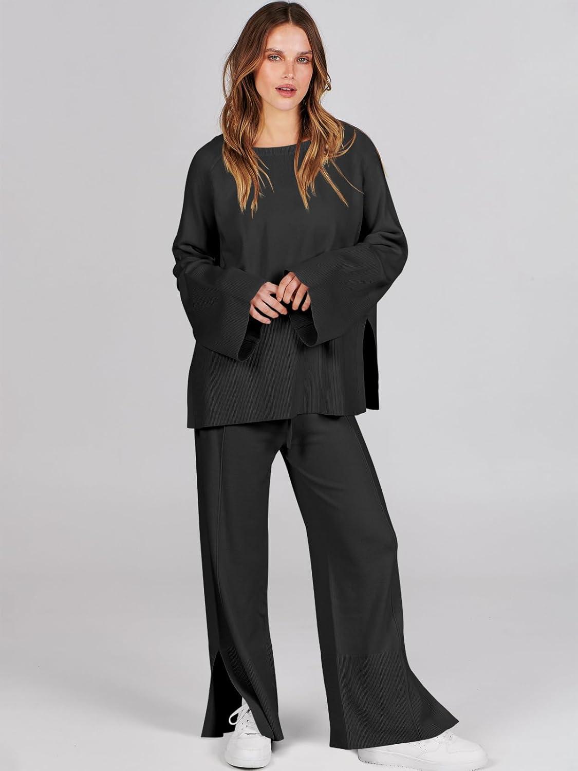imageANRABESS Womens 2 Piece Outfits Oversized Knit Sweater Set Wide Leg Pant Cozy Lounge Matching Pajama Sets 2025 Trendy ClothesBlack