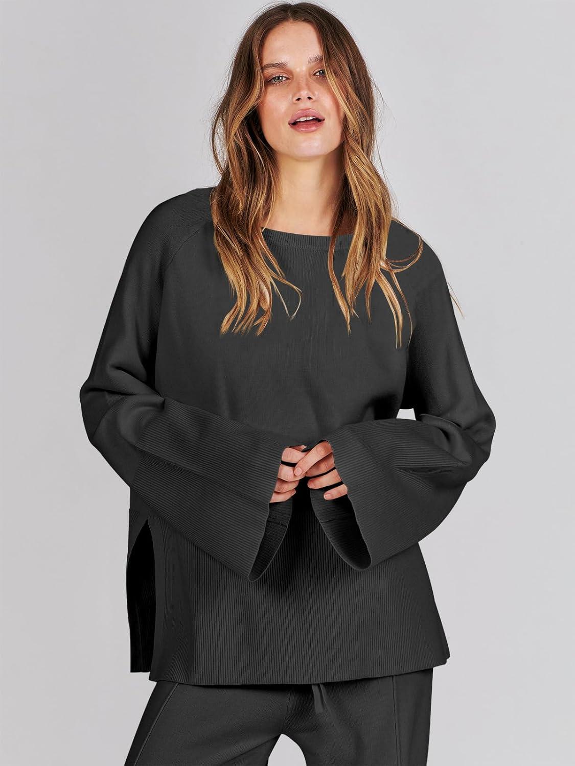 imageANRABESS Womens 2 Piece Outfits Oversized Knit Sweater Set Wide Leg Pant Cozy Lounge Matching Pajama Sets 2025 Trendy ClothesBlack