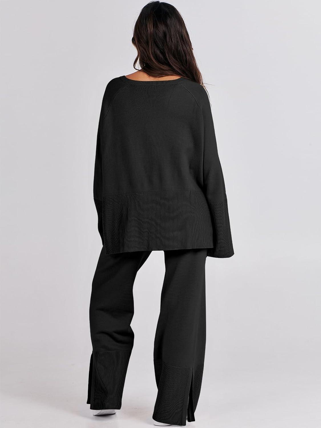 imageANRABESS Womens 2 Piece Outfits Oversized Knit Sweater Set Wide Leg Pant Cozy Lounge Matching Pajama Sets 2025 Trendy ClothesBlack