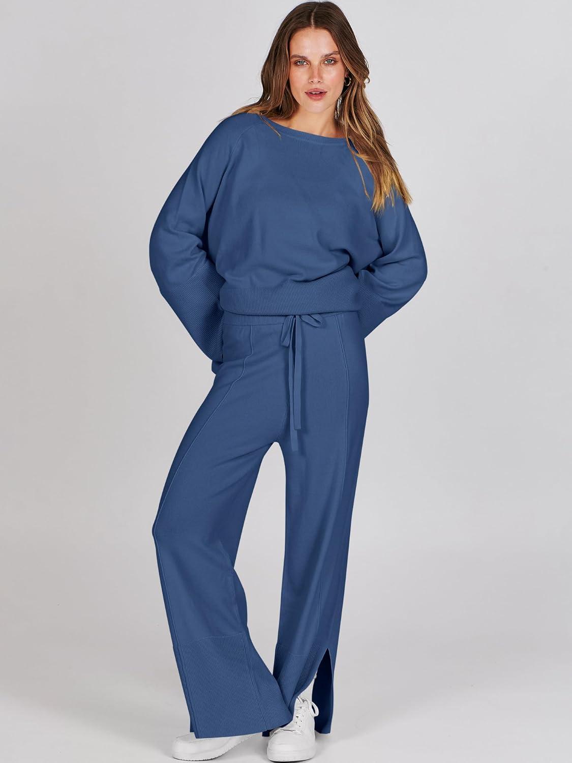 imageANRABESS Womens 2 Piece Outfits Oversized Knit Sweater Set Wide Leg Pant Cozy Lounge Matching Pajama Sets 2025 Trendy ClothesBlue