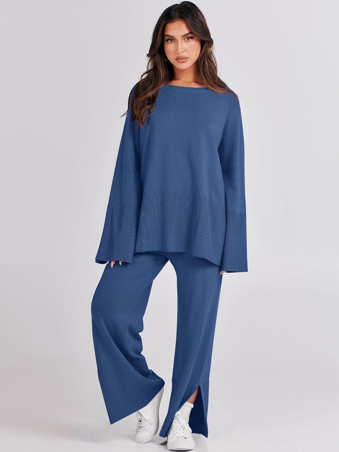 imageANRABESS Womens 2 Piece Outfits Oversized Knit Sweater Set Wide Leg Pant Cozy Lounge Matching Pajama Sets 2025 Trendy ClothesBlue