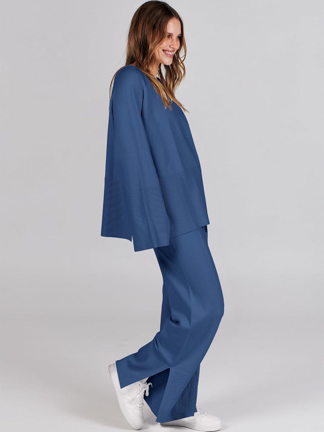 imageANRABESS Womens 2 Piece Outfits Oversized Knit Sweater Set Wide Leg Pant Cozy Lounge Matching Pajama Sets 2025 Trendy ClothesBlue