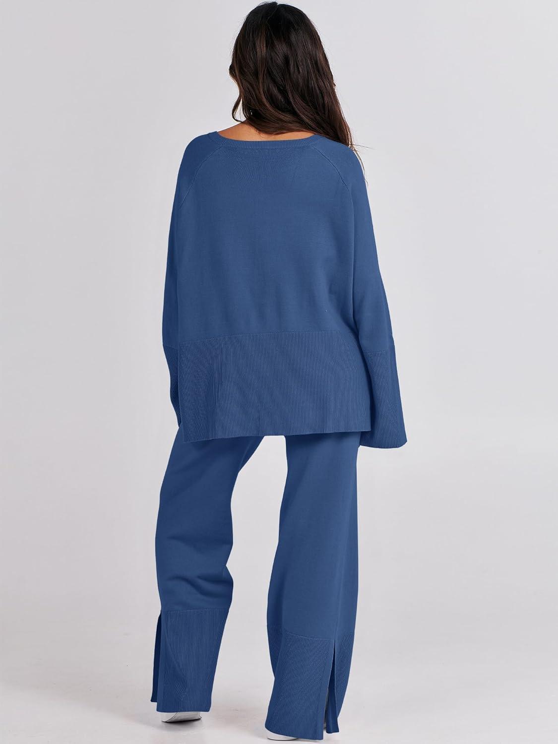 imageANRABESS Womens 2 Piece Outfits Oversized Knit Sweater Set Wide Leg Pant Cozy Lounge Matching Pajama Sets 2025 Trendy ClothesBlue