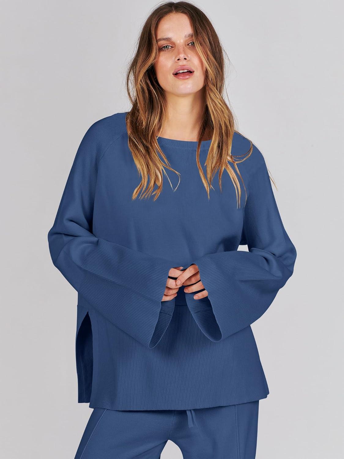 imageANRABESS Womens 2 Piece Outfits Oversized Knit Sweater Set Wide Leg Pant Cozy Lounge Matching Pajama Sets 2025 Trendy ClothesBlue