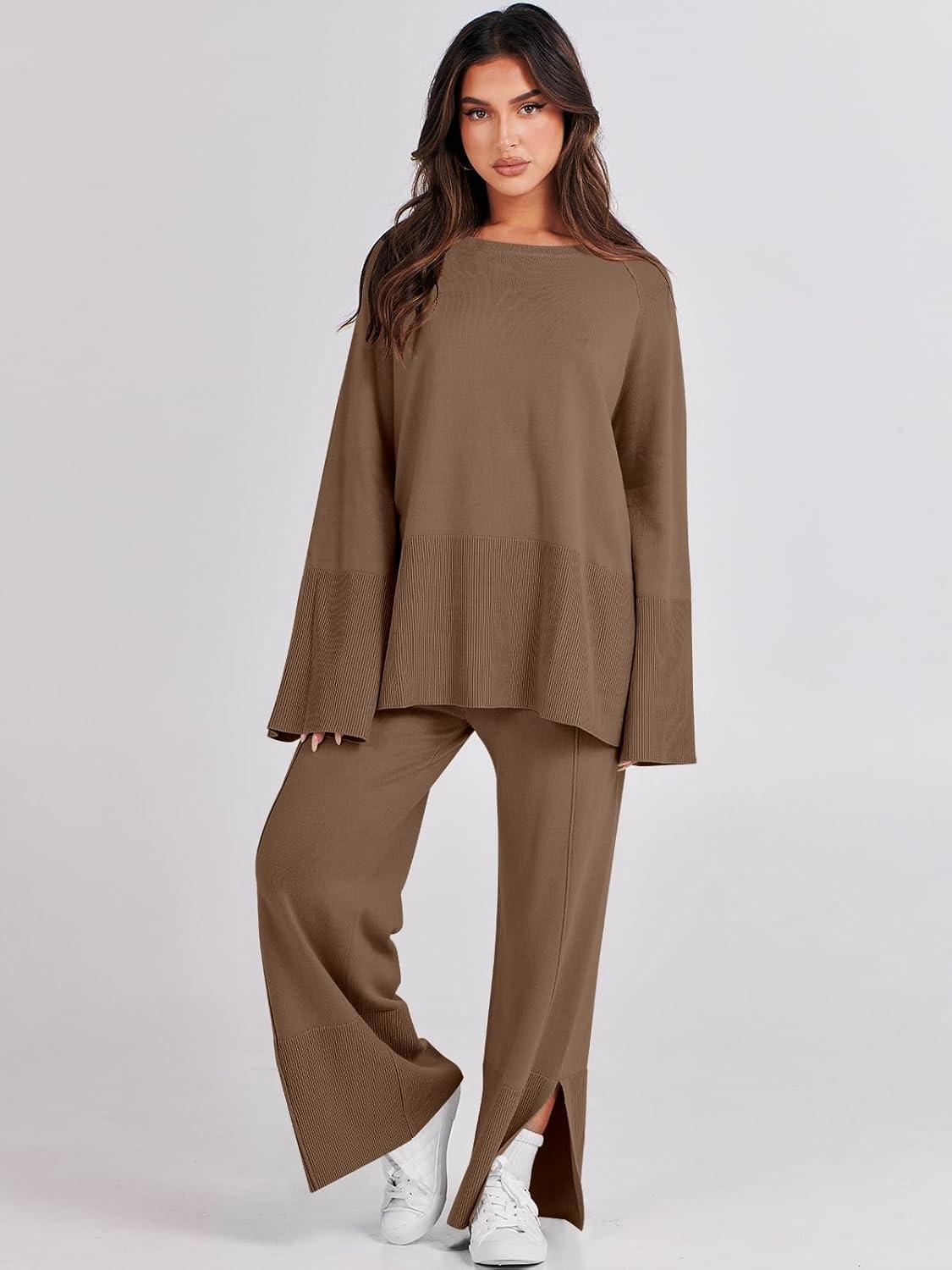 imageANRABESS Womens 2 Piece Outfits Oversized Knit Sweater Set Wide Leg Pant Cozy Lounge Matching Pajama Sets 2025 Trendy ClothesBrown
