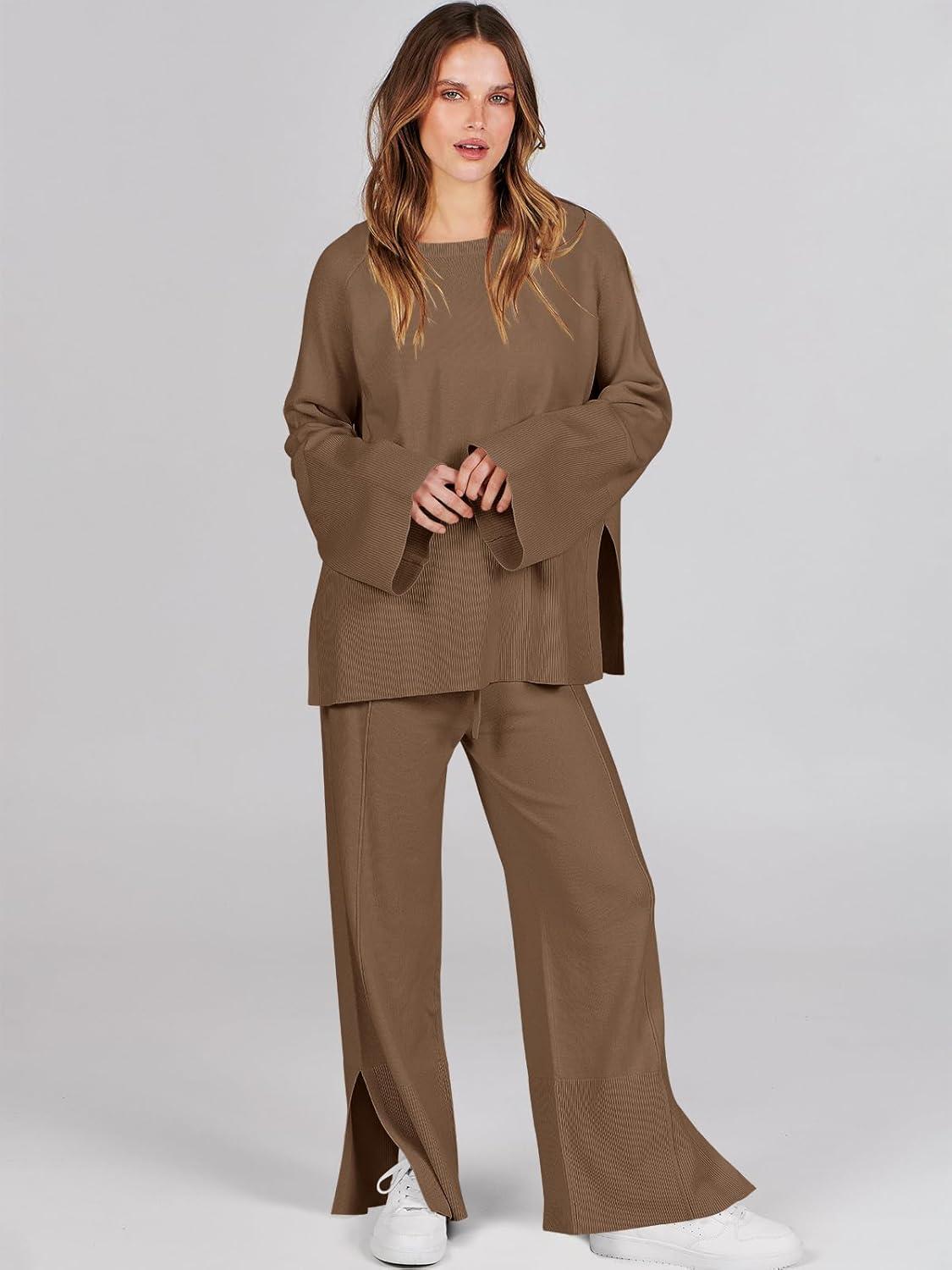 imageANRABESS Womens 2 Piece Outfits Oversized Knit Sweater Set Wide Leg Pant Cozy Lounge Matching Pajama Sets 2025 Trendy ClothesBrown