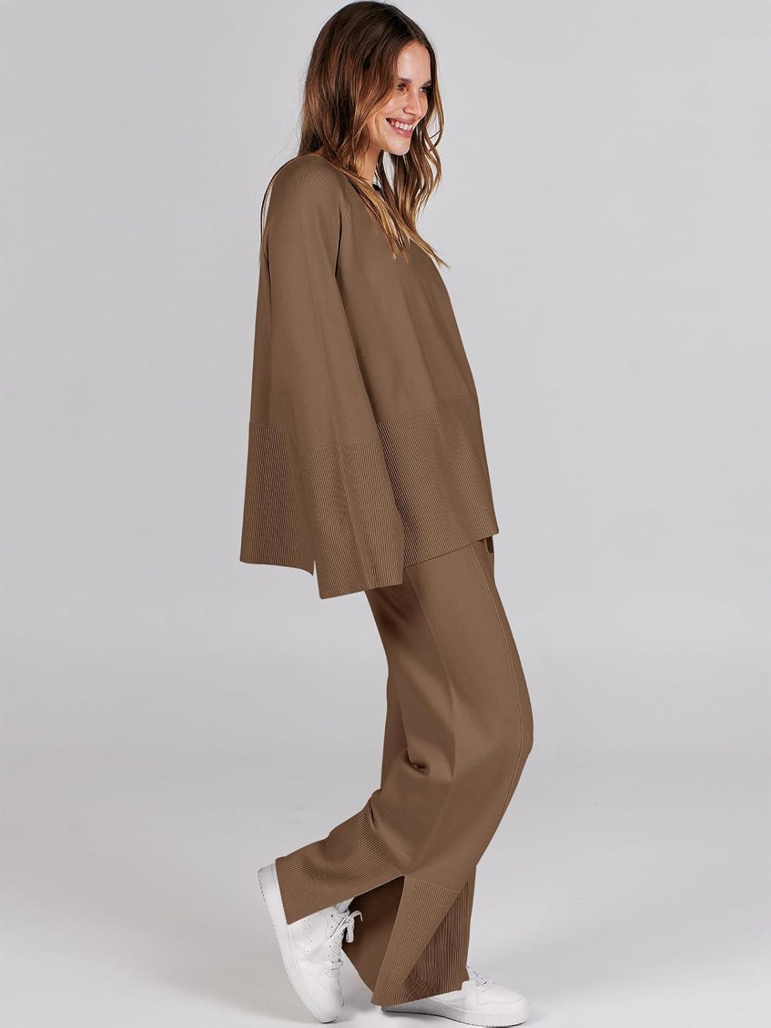 imageANRABESS Womens 2 Piece Outfits Oversized Knit Sweater Set Wide Leg Pant Cozy Lounge Matching Pajama Sets 2025 Trendy ClothesBrown
