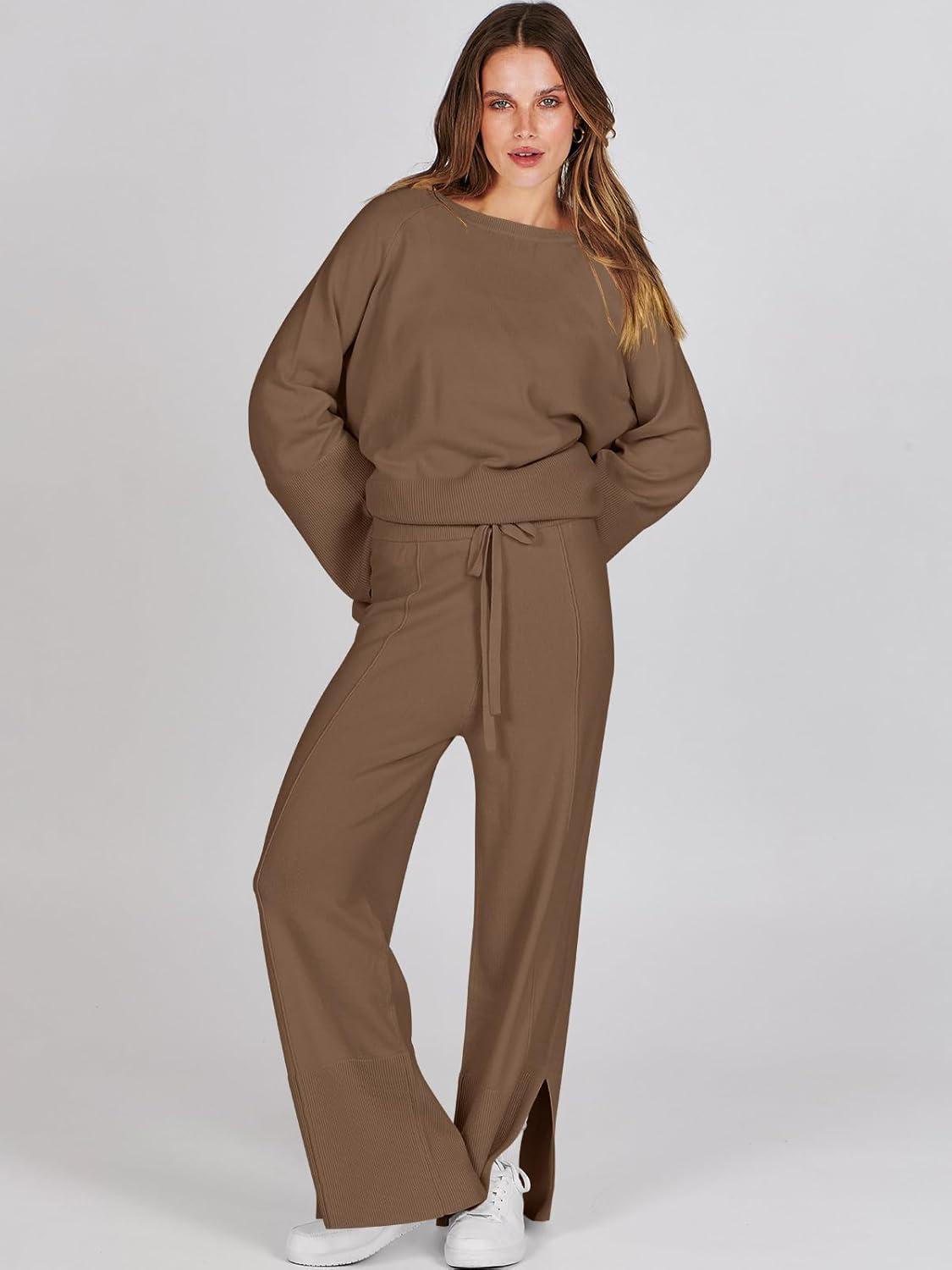 imageANRABESS Womens 2 Piece Outfits Oversized Knit Sweater Set Wide Leg Pant Cozy Lounge Matching Pajama Sets 2025 Trendy ClothesBrown