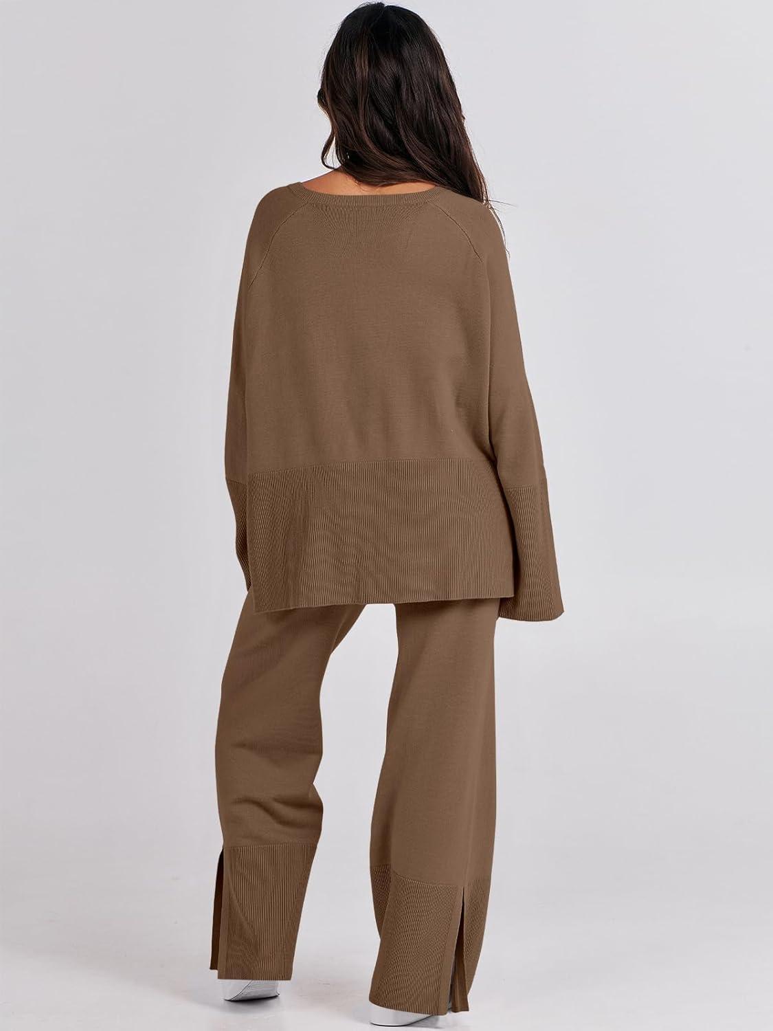 imageANRABESS Womens 2 Piece Outfits Oversized Knit Sweater Set Wide Leg Pant Cozy Lounge Matching Pajama Sets 2025 Trendy ClothesBrown