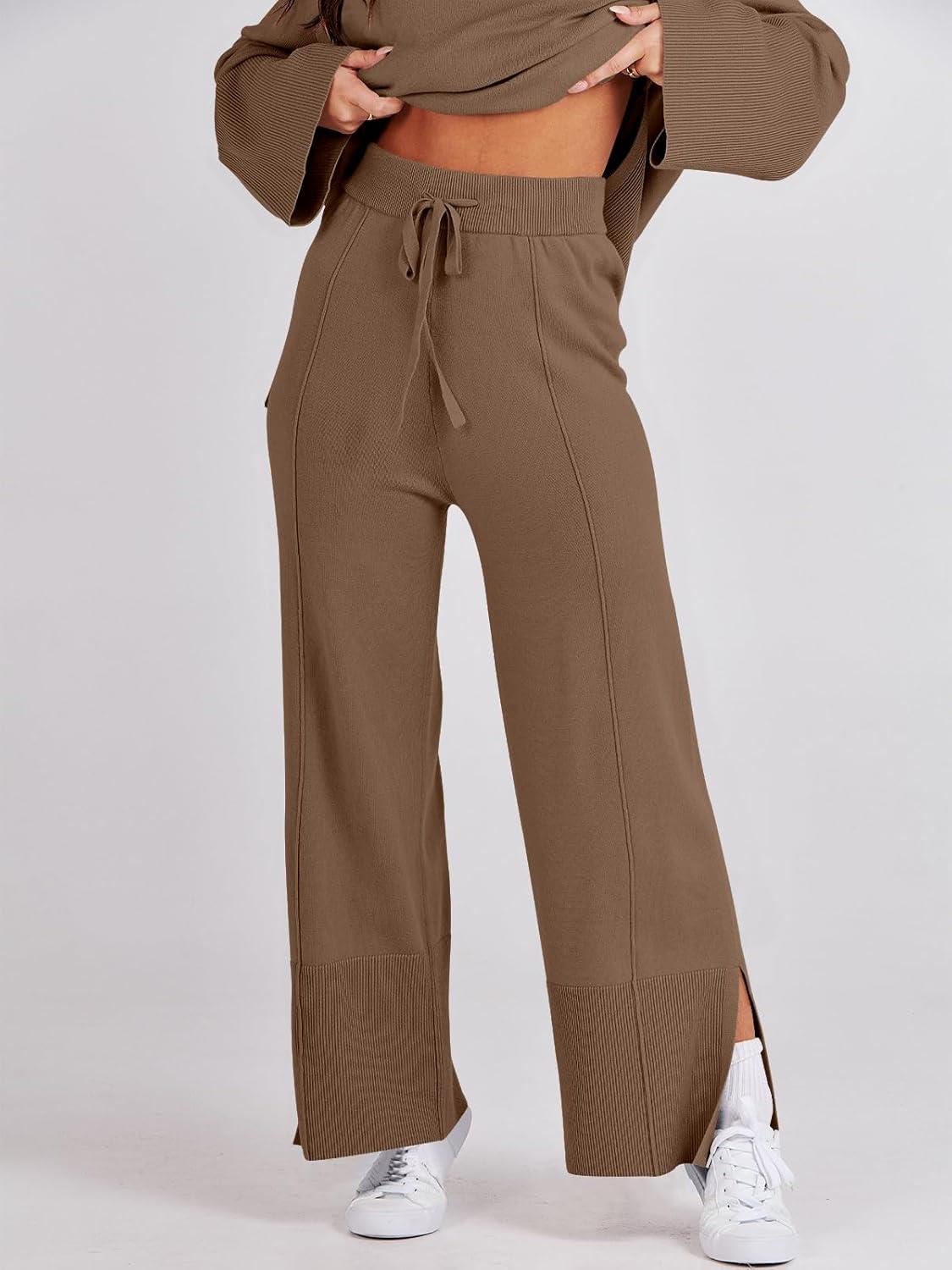 imageANRABESS Womens 2 Piece Outfits Oversized Knit Sweater Set Wide Leg Pant Cozy Lounge Matching Pajama Sets 2025 Trendy ClothesBrown