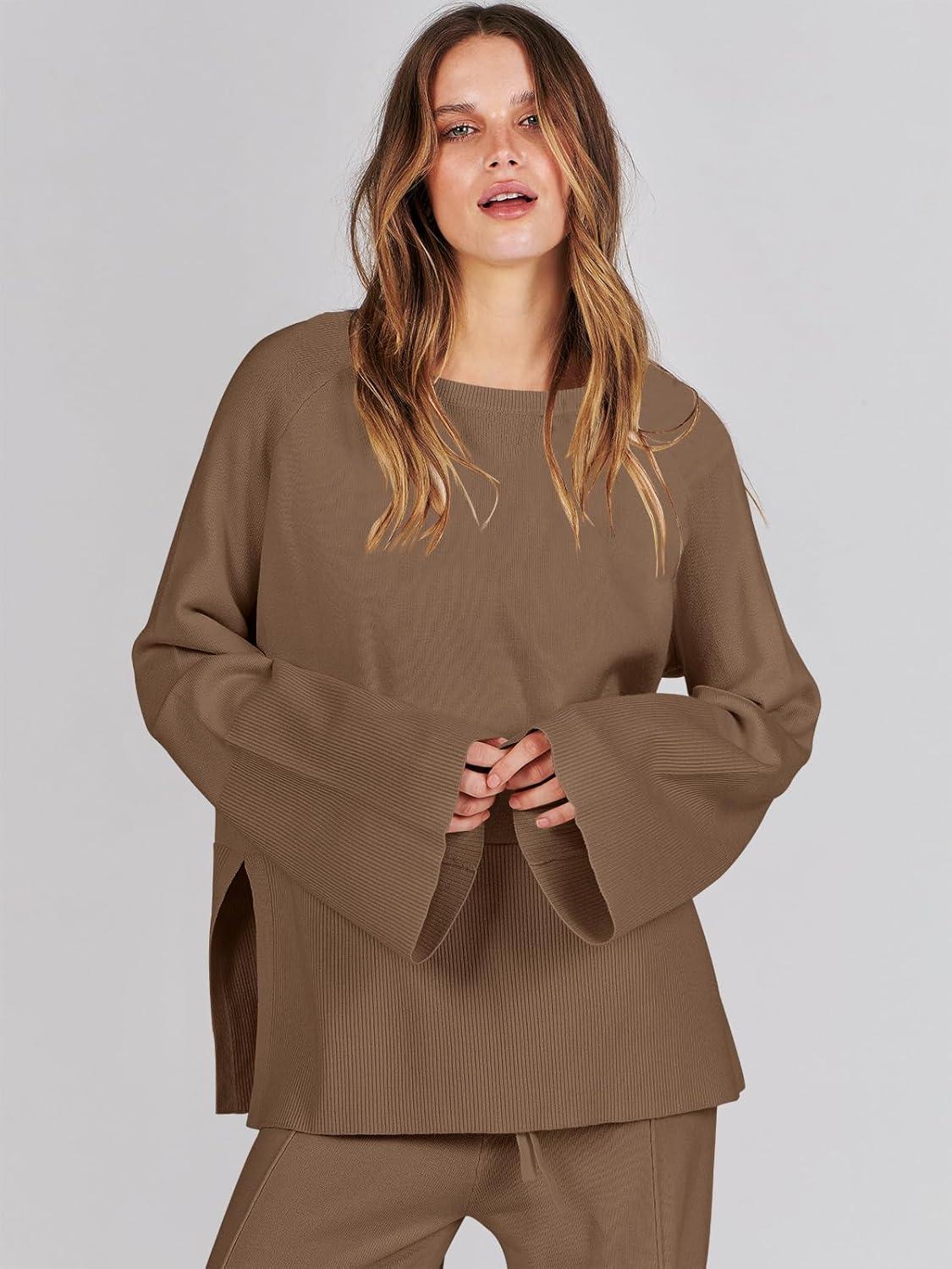 imageANRABESS Womens 2 Piece Outfits Oversized Knit Sweater Set Wide Leg Pant Cozy Lounge Matching Pajama Sets 2025 Trendy ClothesBrown