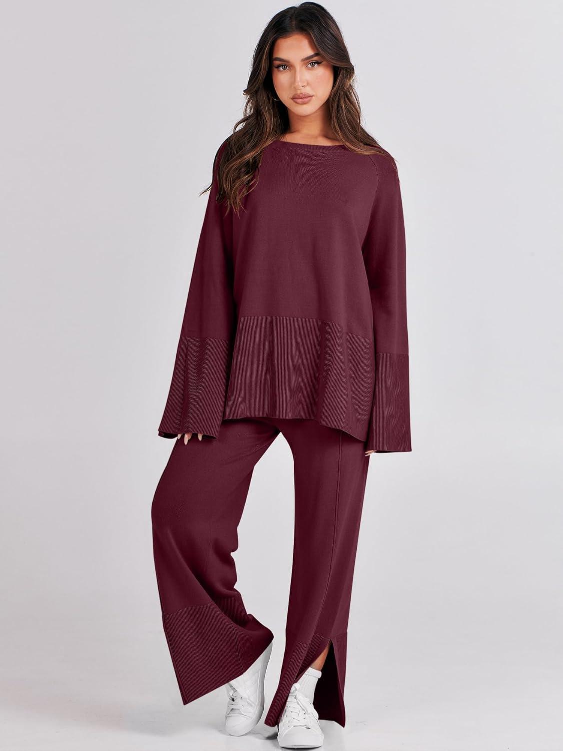 imageANRABESS Womens 2 Piece Outfits Oversized Knit Sweater Set Wide Leg Pant Cozy Lounge Matching Pajama Sets 2025 Trendy ClothesBurgundy