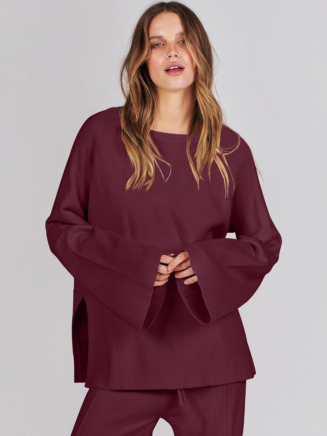 imageANRABESS Womens 2 Piece Outfits Oversized Knit Sweater Set Wide Leg Pant Cozy Lounge Matching Pajama Sets 2025 Trendy ClothesBurgundy