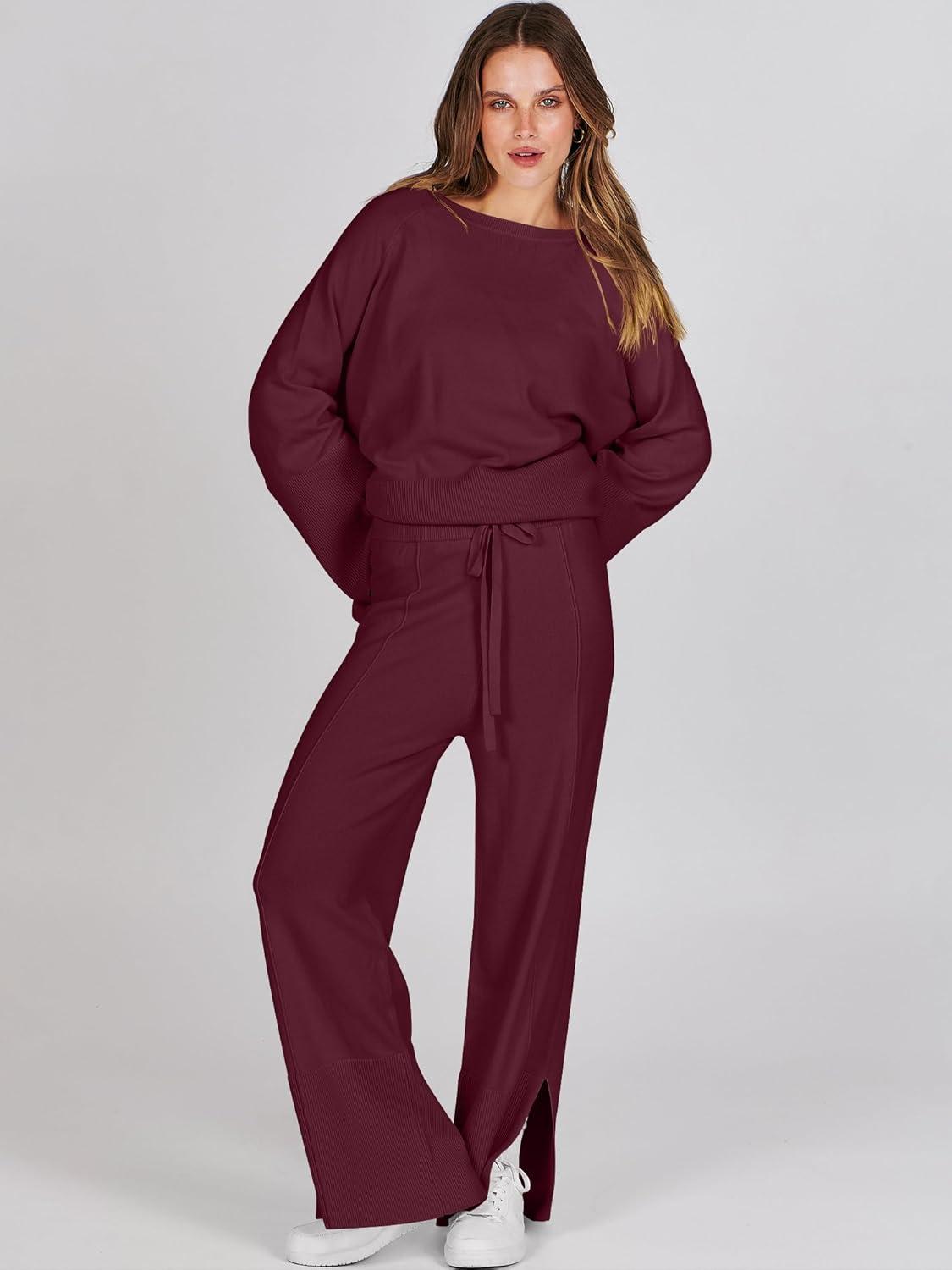 imageANRABESS Womens 2 Piece Outfits Oversized Knit Sweater Set Wide Leg Pant Cozy Lounge Matching Pajama Sets 2025 Trendy ClothesBurgundy