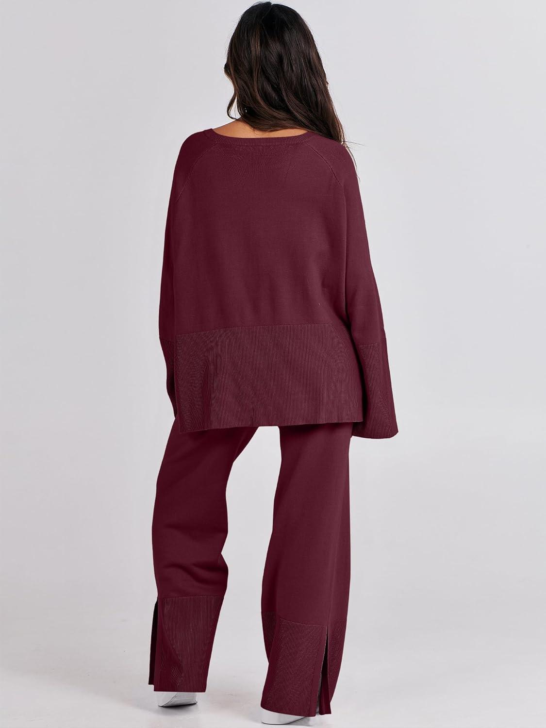 imageANRABESS Womens 2 Piece Outfits Oversized Knit Sweater Set Wide Leg Pant Cozy Lounge Matching Pajama Sets 2025 Trendy ClothesBurgundy
