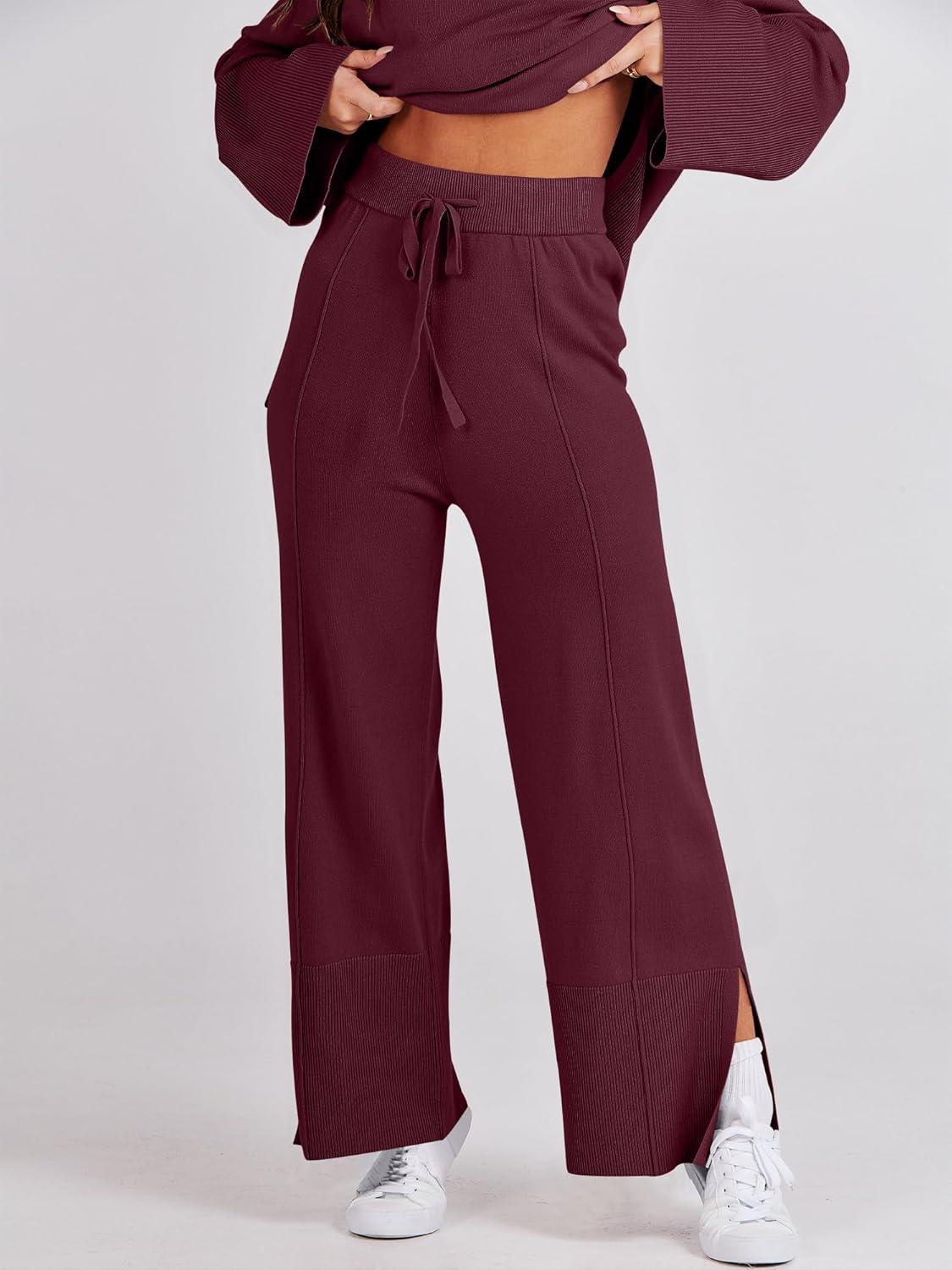 imageANRABESS Womens 2 Piece Outfits Oversized Knit Sweater Set Wide Leg Pant Cozy Lounge Matching Pajama Sets 2025 Trendy ClothesBurgundy