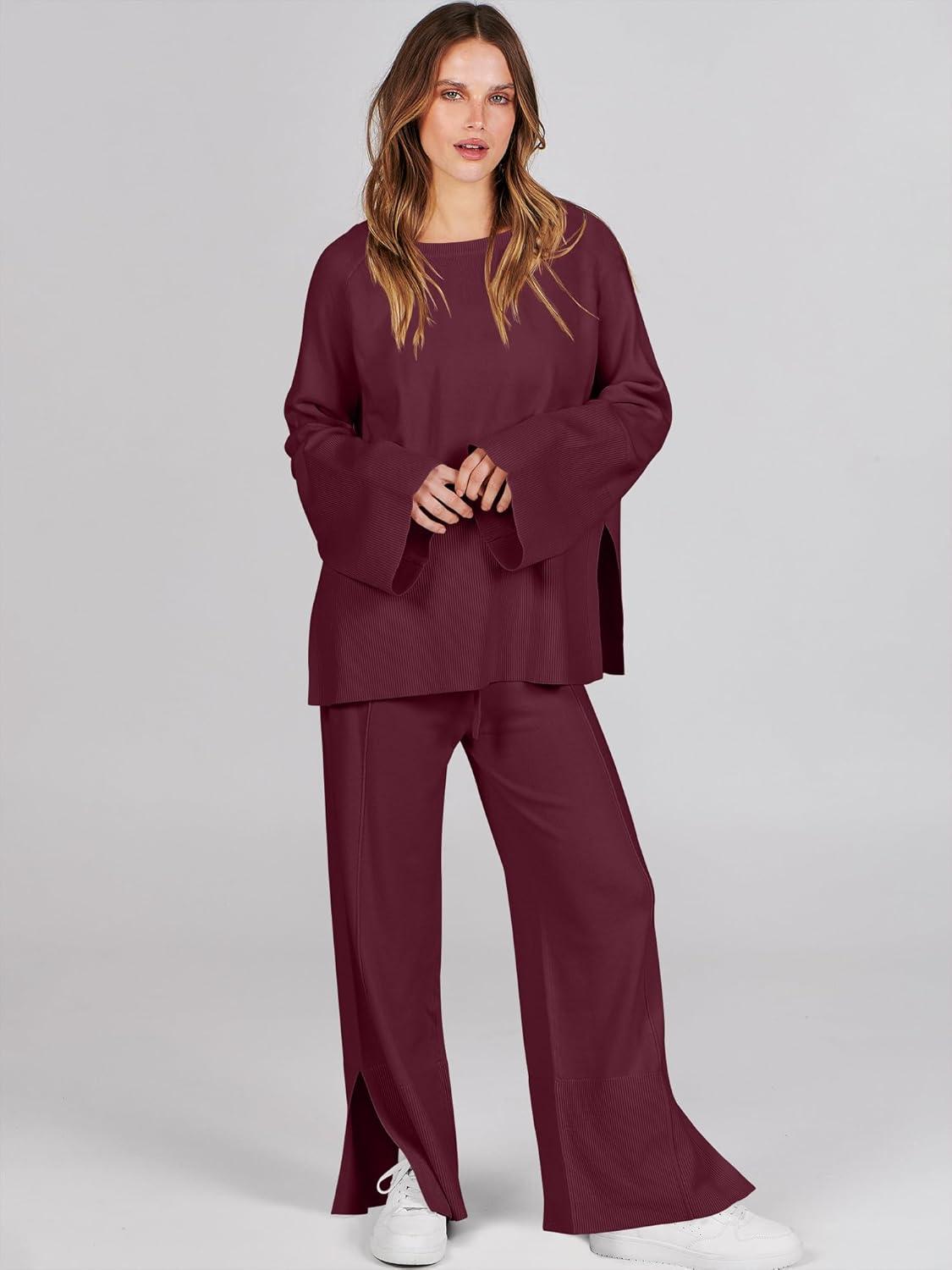 imageANRABESS Womens 2 Piece Outfits Oversized Knit Sweater Set Wide Leg Pant Cozy Lounge Matching Pajama Sets 2025 Trendy ClothesBurgundy
