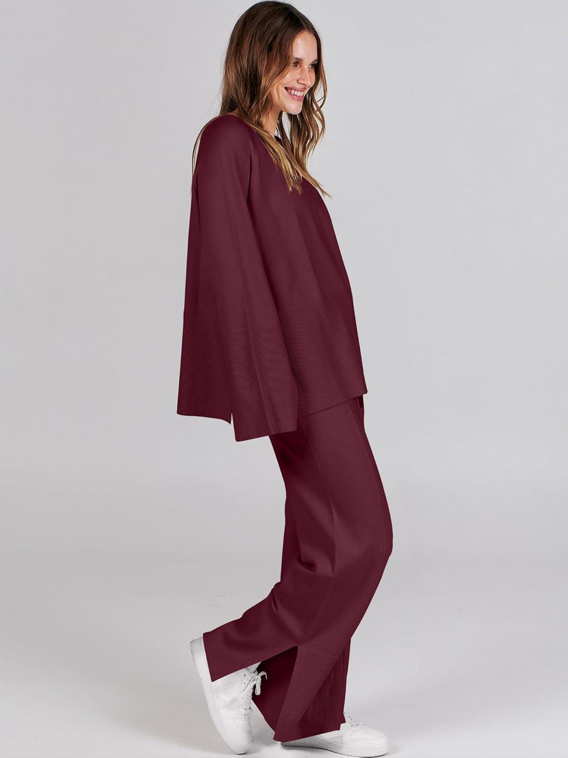 imageANRABESS Womens 2 Piece Outfits Oversized Knit Sweater Set Wide Leg Pant Cozy Lounge Matching Pajama Sets 2025 Trendy ClothesBurgundy