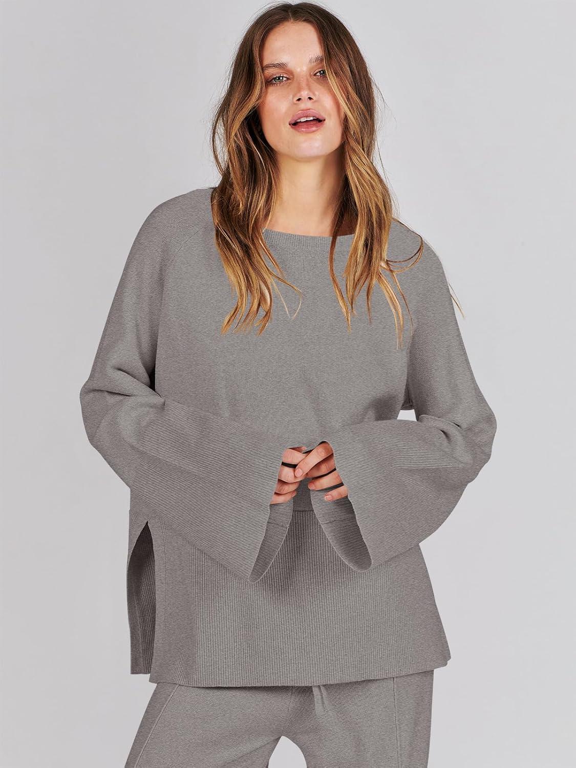 imageANRABESS Womens 2 Piece Outfits Oversized Knit Sweater Set Wide Leg Pant Cozy Lounge Matching Pajama Sets 2025 Trendy ClothesDeep Grey