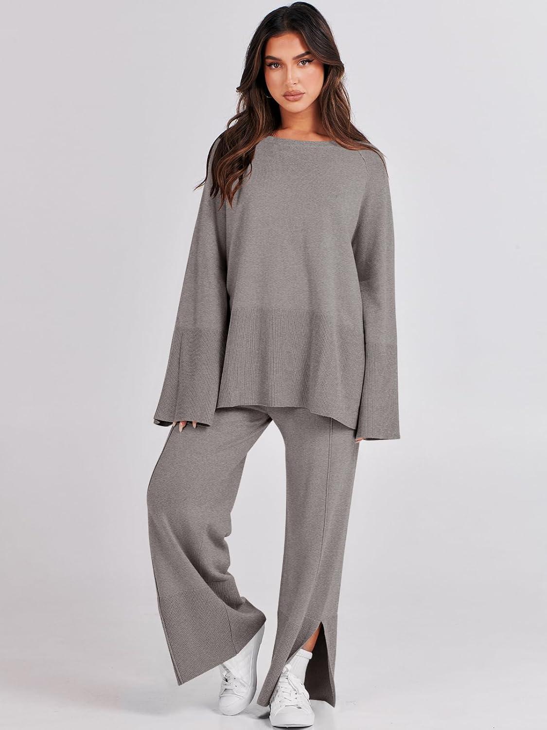 imageANRABESS Womens 2 Piece Outfits Oversized Knit Sweater Set Wide Leg Pant Cozy Lounge Matching Pajama Sets 2025 Trendy ClothesDeep Grey