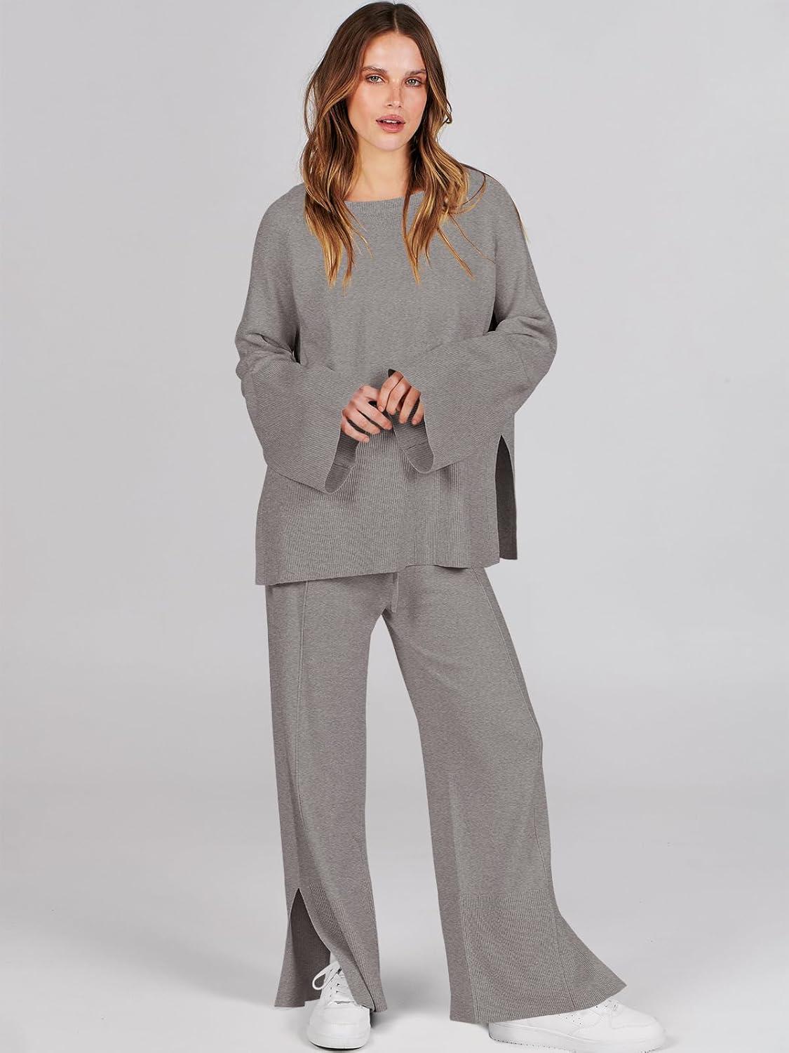 imageANRABESS Womens 2 Piece Outfits Oversized Knit Sweater Set Wide Leg Pant Cozy Lounge Matching Pajama Sets 2025 Trendy ClothesDeep Grey