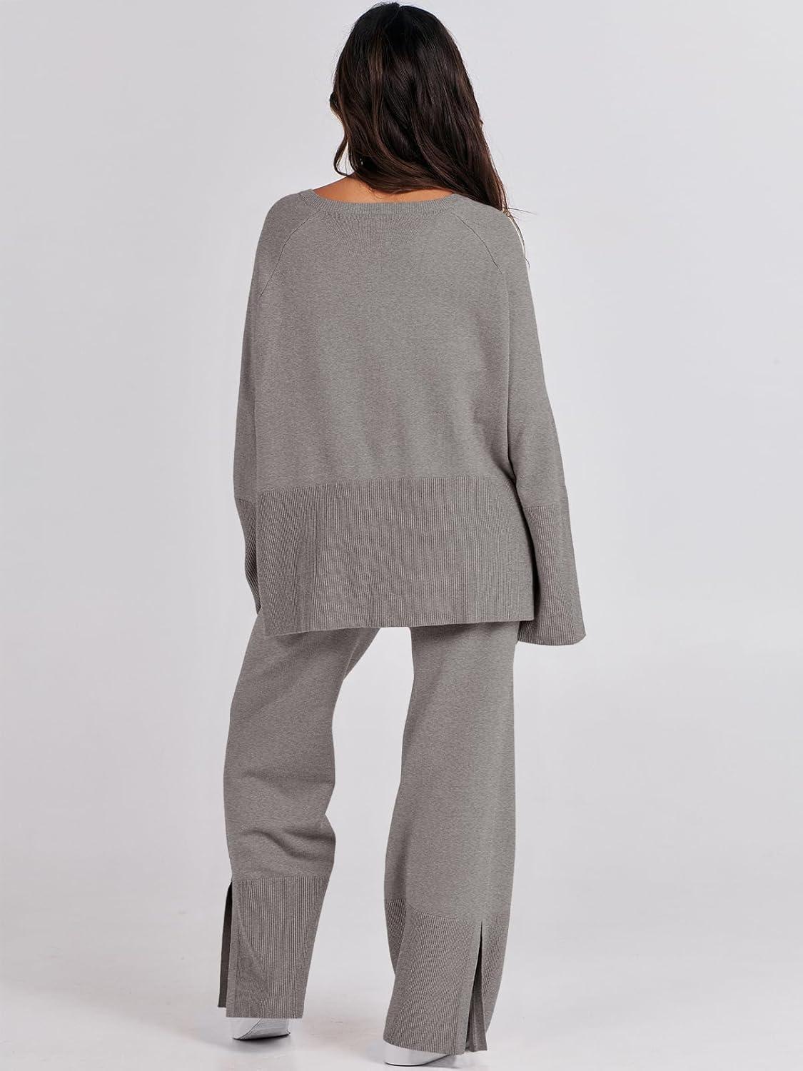 imageANRABESS Womens 2 Piece Outfits Oversized Knit Sweater Set Wide Leg Pant Cozy Lounge Matching Pajama Sets 2025 Trendy ClothesDeep Grey