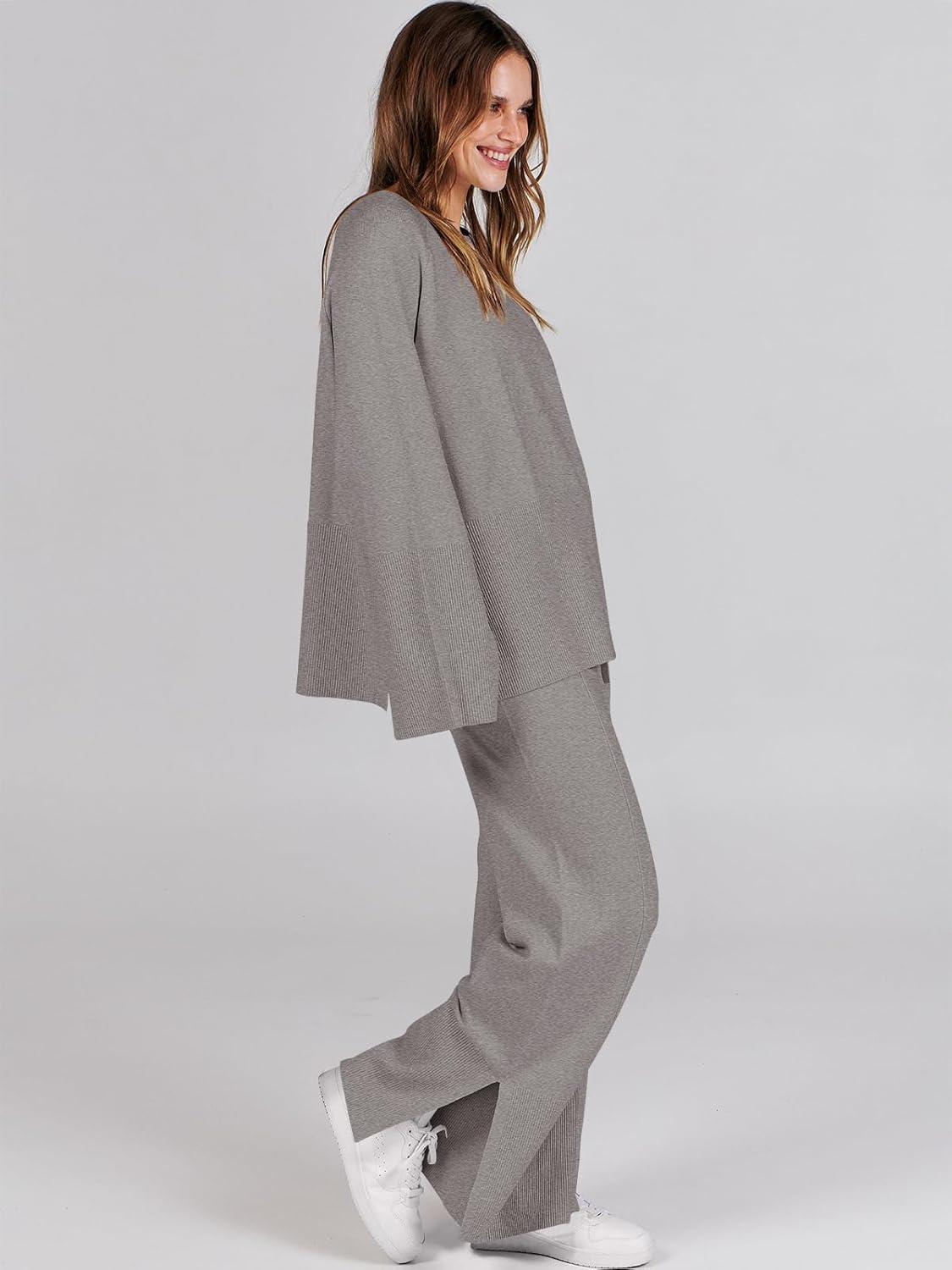 imageANRABESS Womens 2 Piece Outfits Oversized Knit Sweater Set Wide Leg Pant Cozy Lounge Matching Pajama Sets 2025 Trendy ClothesDeep Grey