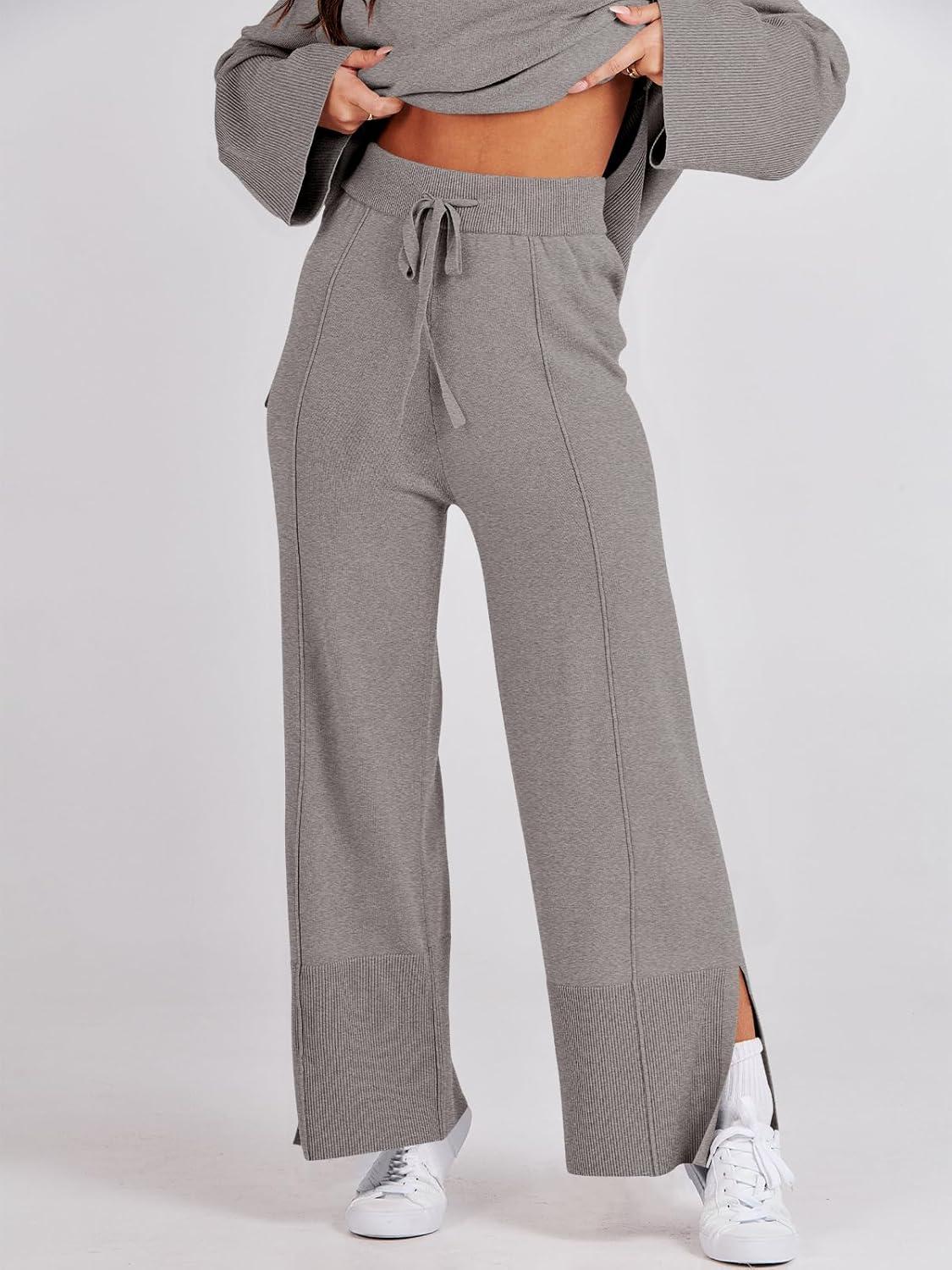 imageANRABESS Womens 2 Piece Outfits Oversized Knit Sweater Set Wide Leg Pant Cozy Lounge Matching Pajama Sets 2025 Trendy ClothesDeep Grey