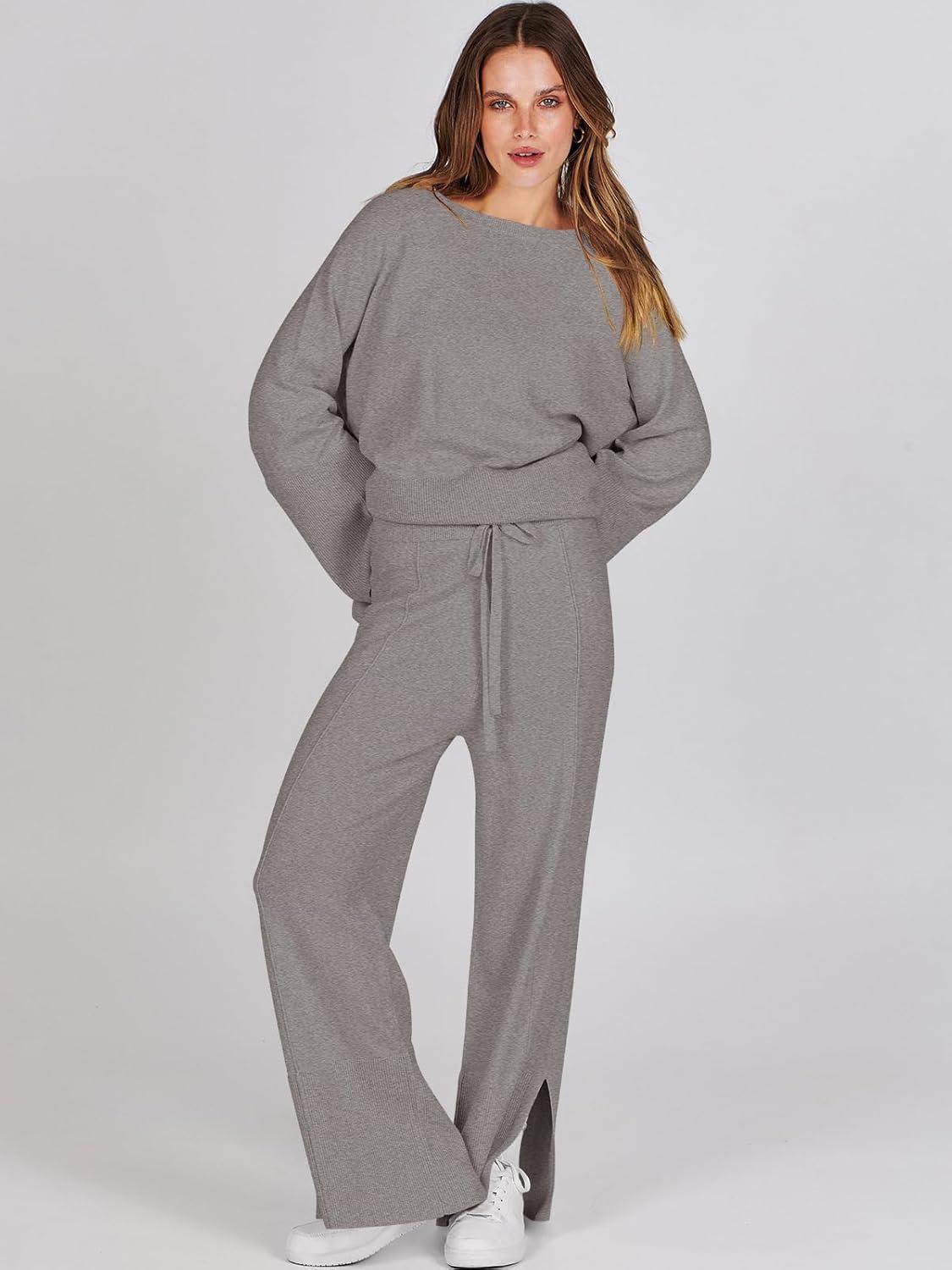 imageANRABESS Womens 2 Piece Outfits Oversized Knit Sweater Set Wide Leg Pant Cozy Lounge Matching Pajama Sets 2025 Trendy ClothesDeep Grey