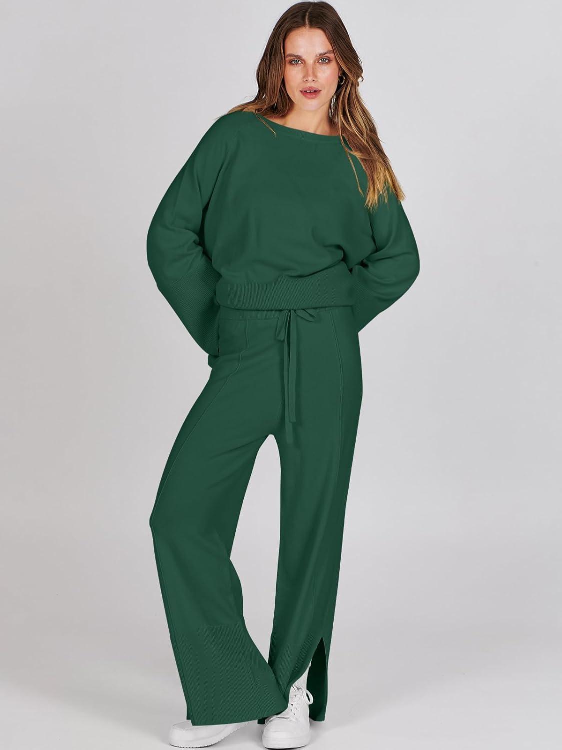 imageANRABESS Womens 2 Piece Outfits Oversized Knit Sweater Set Wide Leg Pant Cozy Lounge Matching Pajama Sets 2025 Trendy ClothesGrass Green
