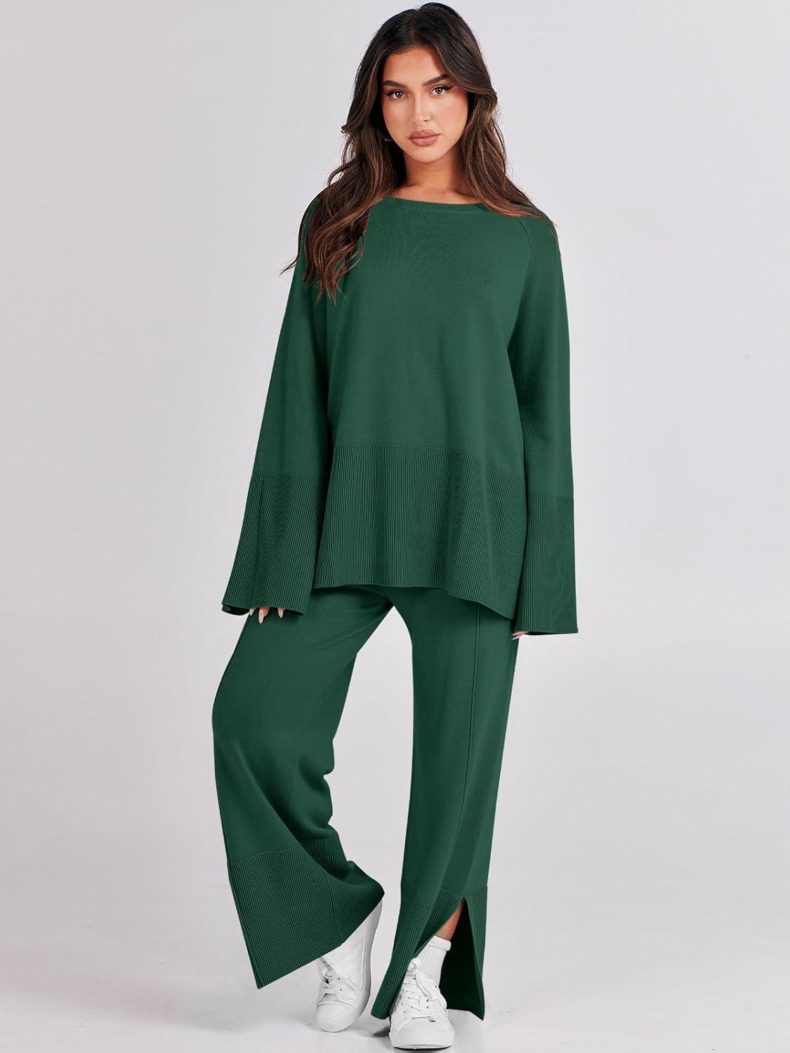 imageANRABESS Womens 2 Piece Outfits Oversized Knit Sweater Set Wide Leg Pant Cozy Lounge Matching Pajama Sets 2025 Trendy ClothesGrass Green