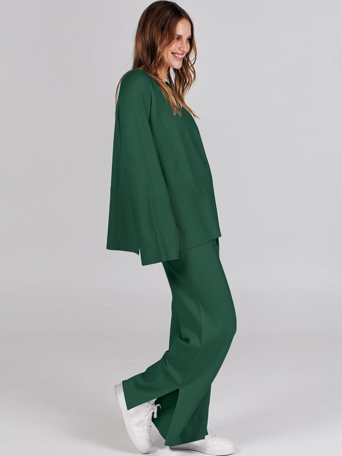 imageANRABESS Womens 2 Piece Outfits Oversized Knit Sweater Set Wide Leg Pant Cozy Lounge Matching Pajama Sets 2025 Trendy ClothesGrass Green