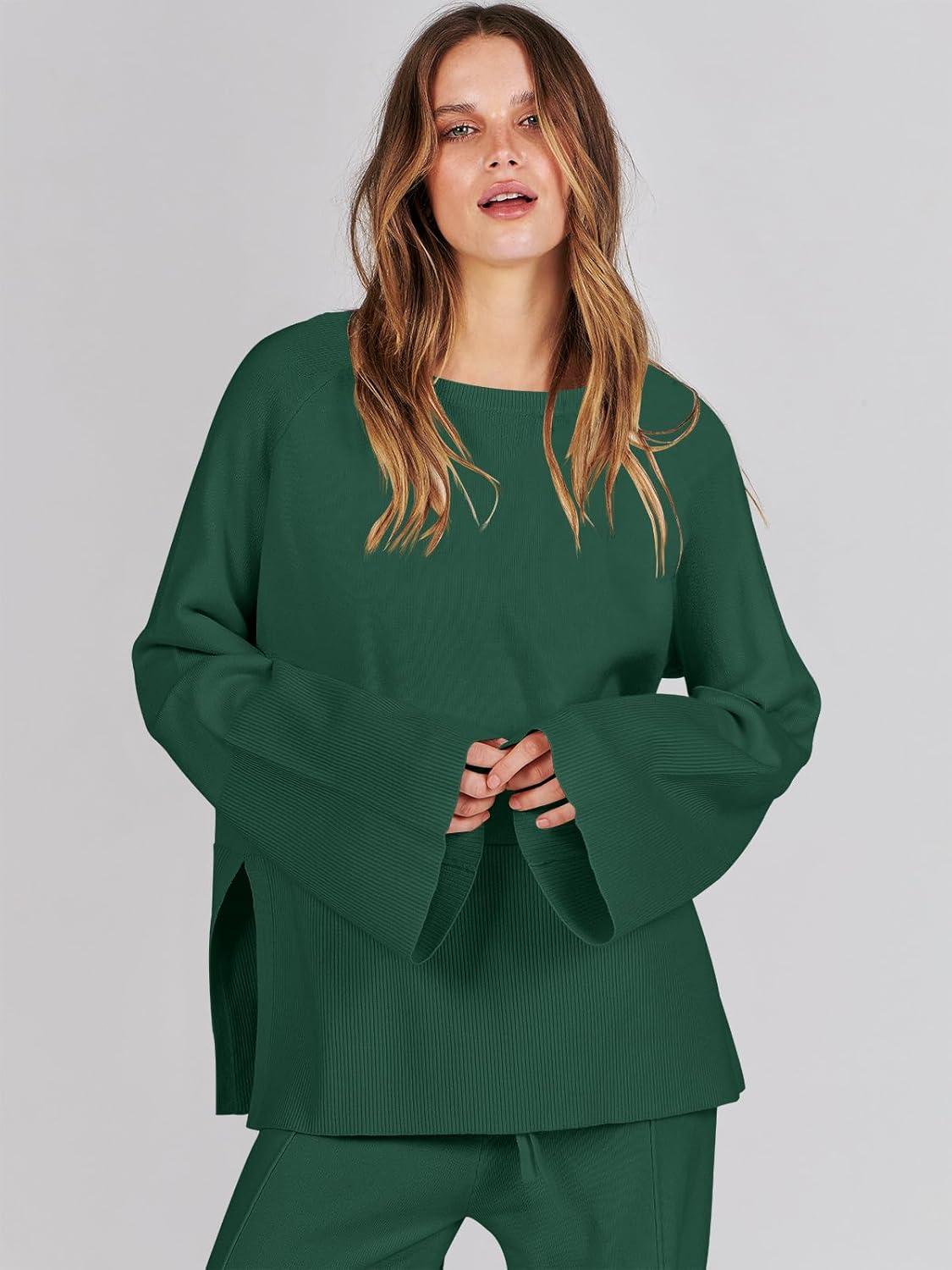 imageANRABESS Womens 2 Piece Outfits Oversized Knit Sweater Set Wide Leg Pant Cozy Lounge Matching Pajama Sets 2025 Trendy ClothesGrass Green