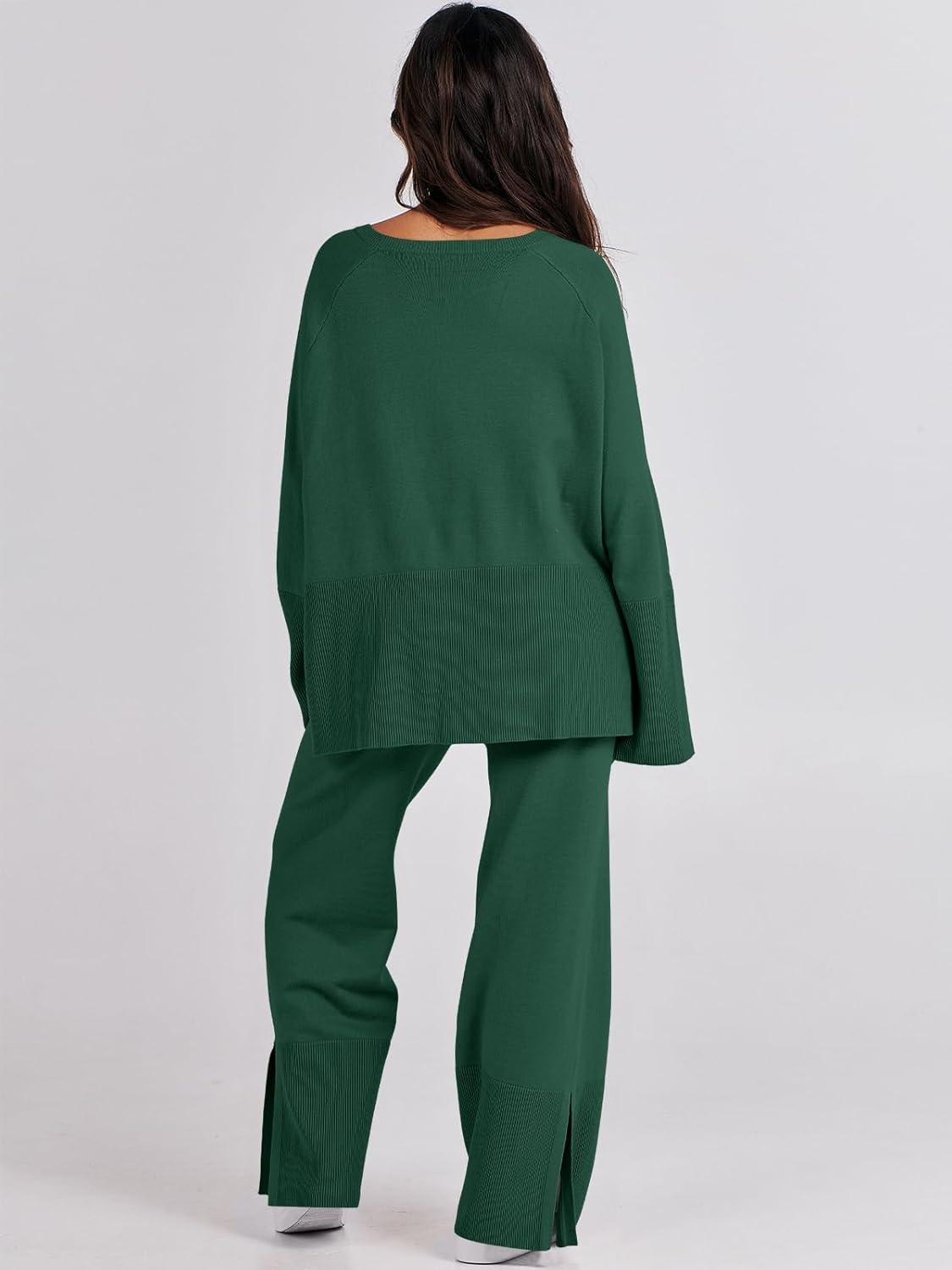 imageANRABESS Womens 2 Piece Outfits Oversized Knit Sweater Set Wide Leg Pant Cozy Lounge Matching Pajama Sets 2025 Trendy ClothesGrass Green