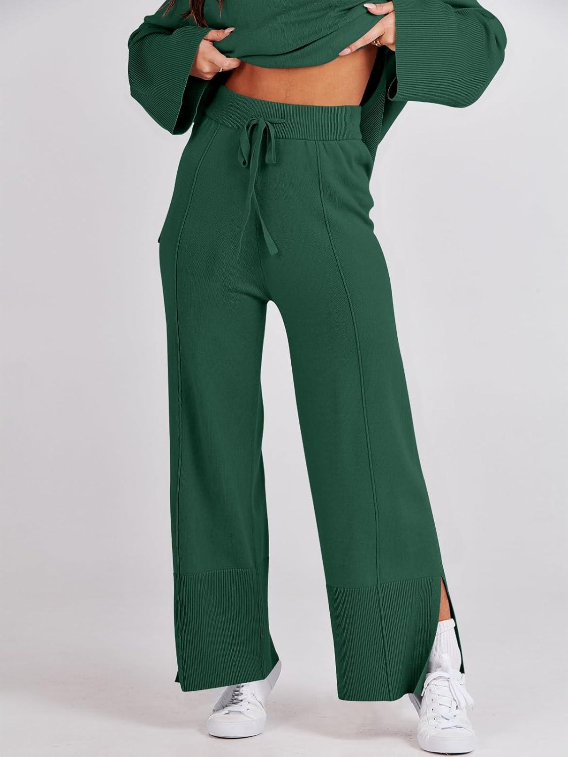 imageANRABESS Womens 2 Piece Outfits Oversized Knit Sweater Set Wide Leg Pant Cozy Lounge Matching Pajama Sets 2025 Trendy ClothesGrass Green