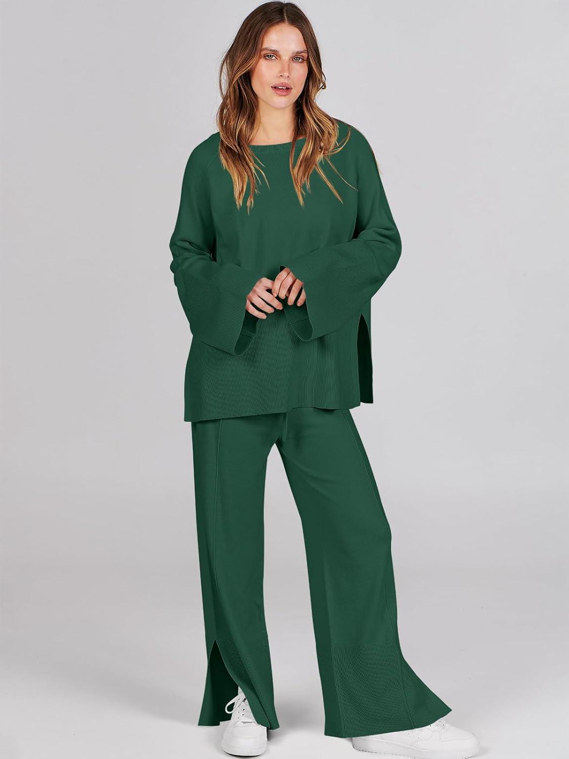 imageANRABESS Womens 2 Piece Outfits Oversized Knit Sweater Set Wide Leg Pant Cozy Lounge Matching Pajama Sets 2025 Trendy ClothesGrass Green