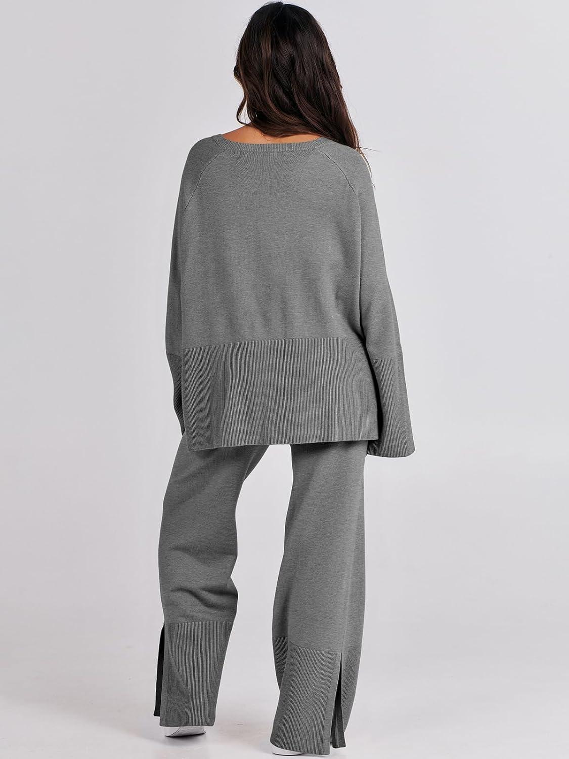 imageANRABESS Womens 2 Piece Outfits Oversized Knit Sweater Set Wide Leg Pant Cozy Lounge Matching Pajama Sets 2025 Trendy ClothesGray