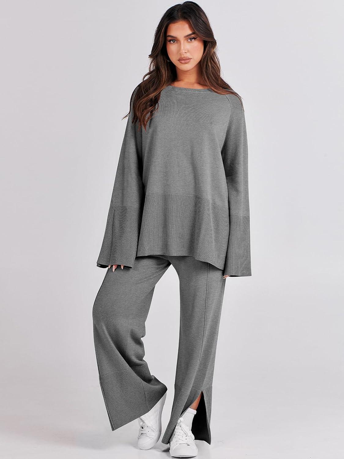 imageANRABESS Womens 2 Piece Outfits Oversized Knit Sweater Set Wide Leg Pant Cozy Lounge Matching Pajama Sets 2025 Trendy ClothesGray