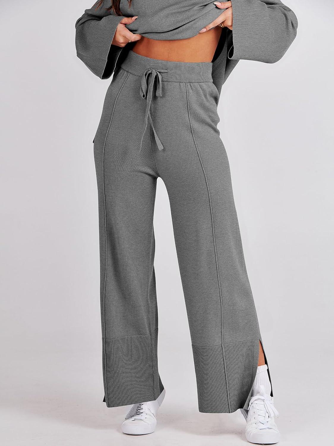 imageANRABESS Womens 2 Piece Outfits Oversized Knit Sweater Set Wide Leg Pant Cozy Lounge Matching Pajama Sets 2025 Trendy ClothesGray