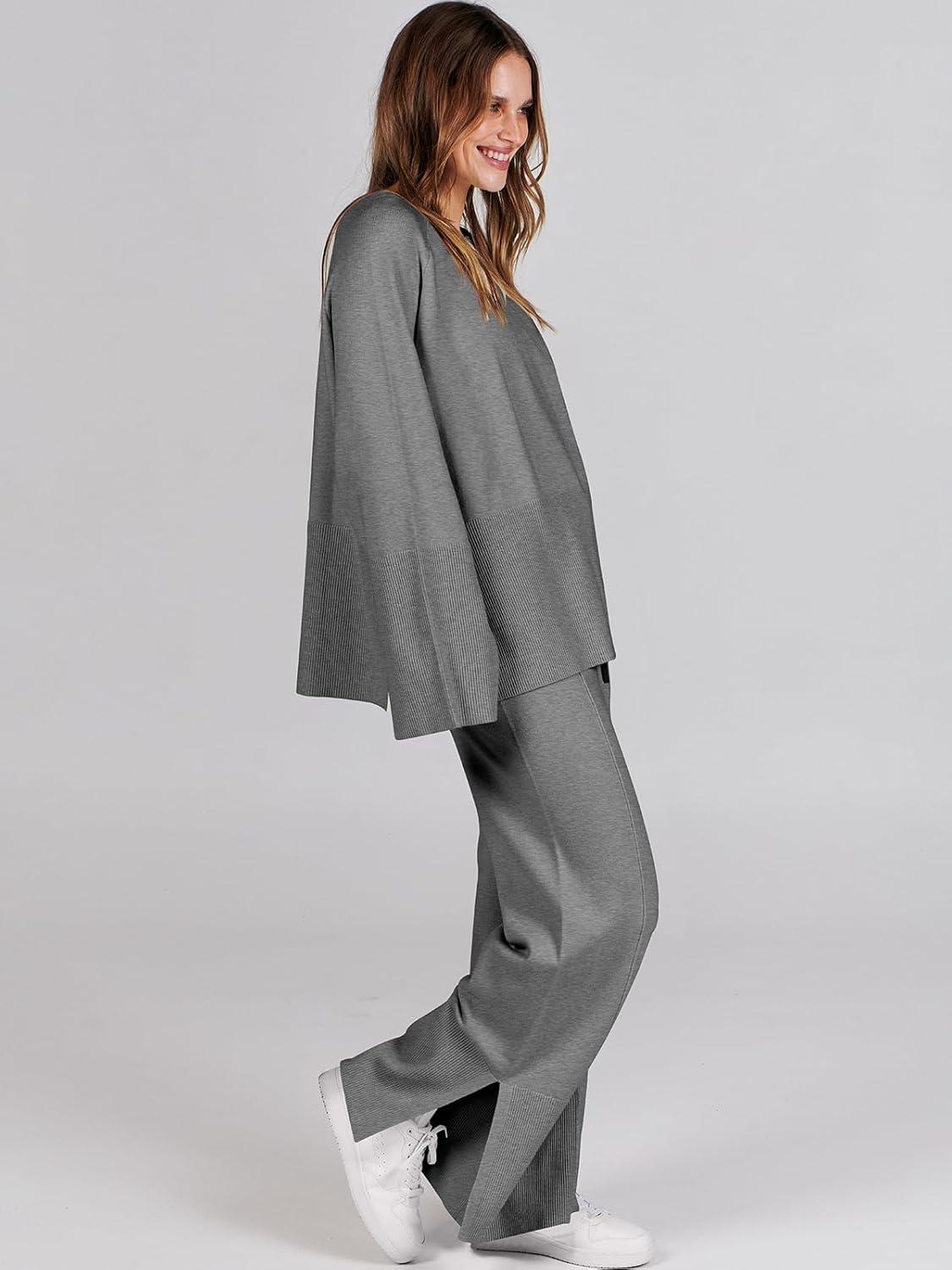 imageANRABESS Womens 2 Piece Outfits Oversized Knit Sweater Set Wide Leg Pant Cozy Lounge Matching Pajama Sets 2025 Trendy ClothesGray
