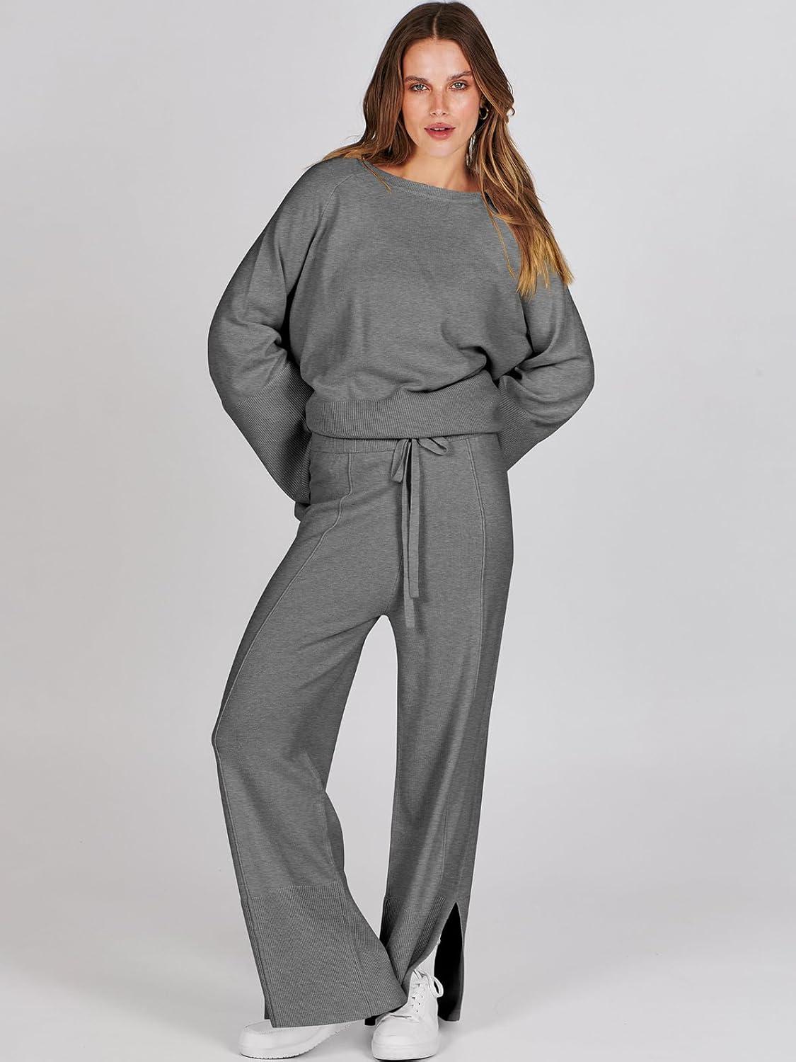 imageANRABESS Womens 2 Piece Outfits Oversized Knit Sweater Set Wide Leg Pant Cozy Lounge Matching Pajama Sets 2025 Trendy ClothesGray