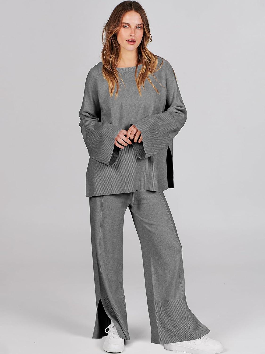imageANRABESS Womens 2 Piece Outfits Oversized Knit Sweater Set Wide Leg Pant Cozy Lounge Matching Pajama Sets 2025 Trendy ClothesGray