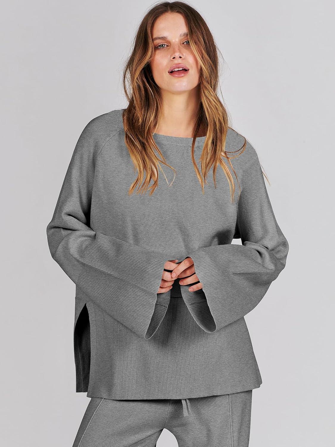 imageANRABESS Womens 2 Piece Outfits Oversized Knit Sweater Set Wide Leg Pant Cozy Lounge Matching Pajama Sets 2025 Trendy ClothesGray