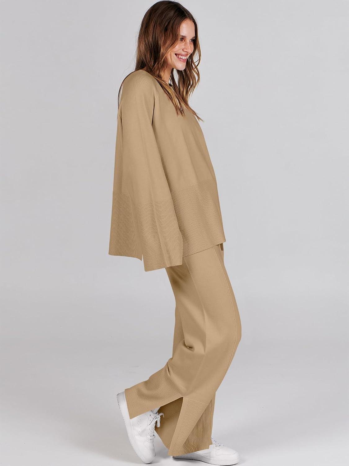 imageANRABESS Womens 2 Piece Outfits Oversized Knit Sweater Set Wide Leg Pant Cozy Lounge Matching Pajama Sets 2025 Trendy ClothesKhaki
