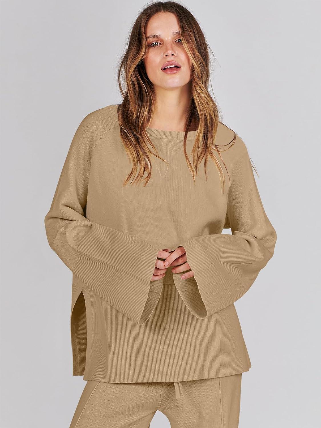 imageANRABESS Womens 2 Piece Outfits Oversized Knit Sweater Set Wide Leg Pant Cozy Lounge Matching Pajama Sets 2025 Trendy ClothesKhaki