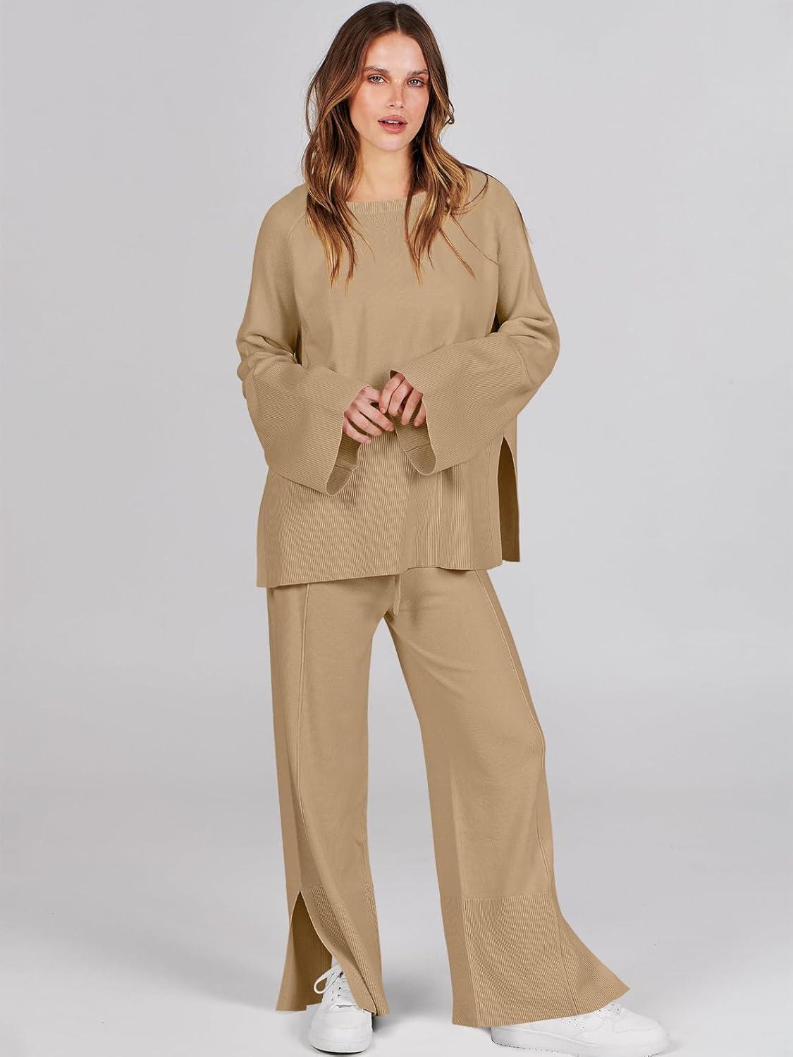 imageANRABESS Womens 2 Piece Outfits Oversized Knit Sweater Set Wide Leg Pant Cozy Lounge Matching Pajama Sets 2025 Trendy ClothesKhaki